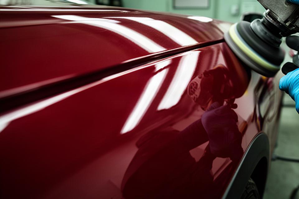 Lucidatura professionale della carrozzeria rossa sotto le luci dell’area detailing