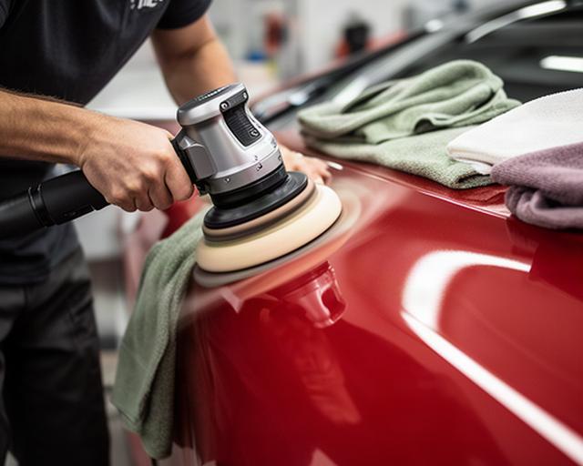 Lucidatura della vernice di un automobile rossa con tampone professionale