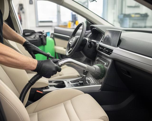 Pulizia dei sedili e del cruscotto di un’auto con aspiratore professionale