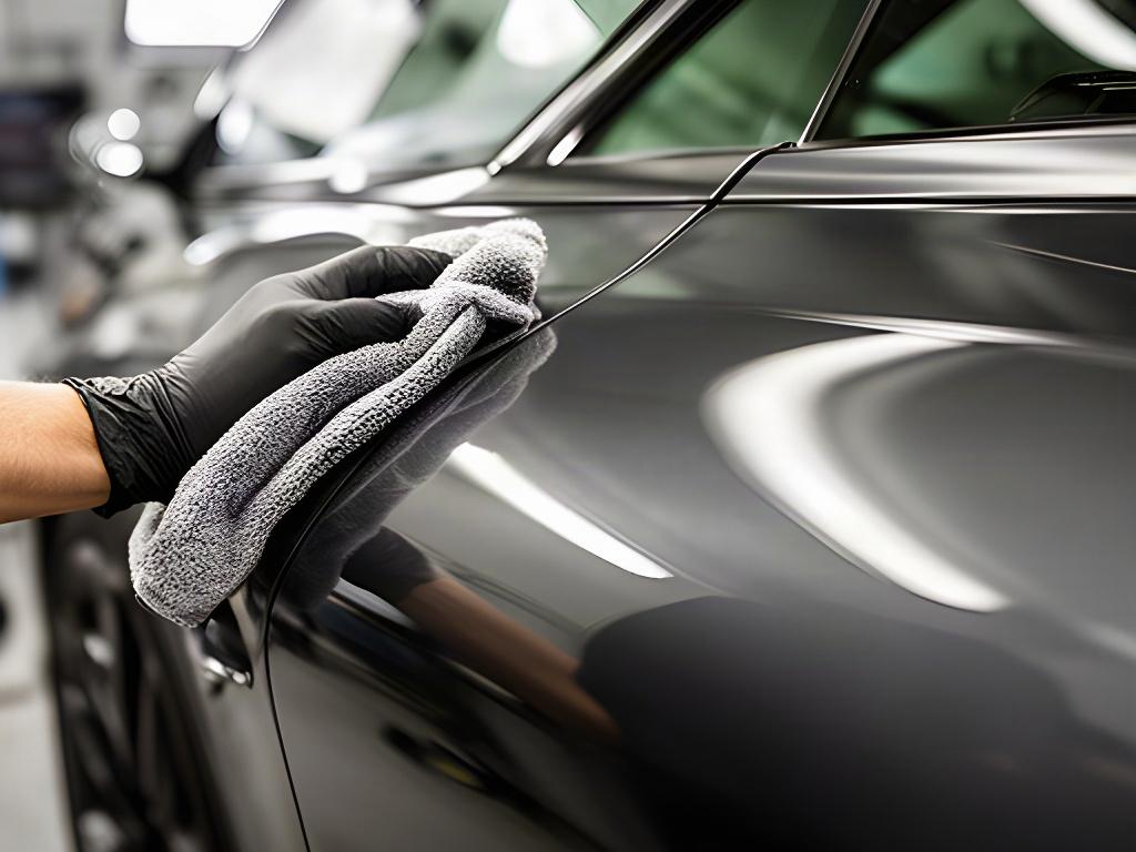 Dettaglio di una carrozzeria scura lucidata a mano sotto la luce dell’autolavaggio